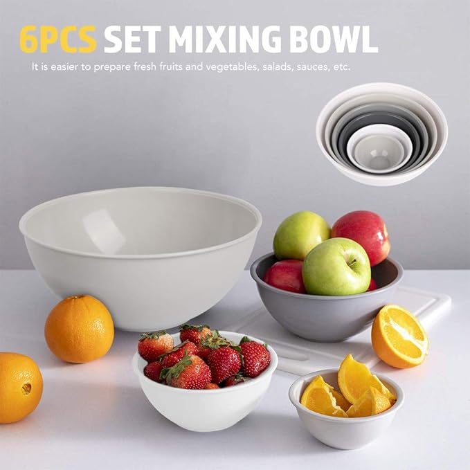 BoxedHome BPA Free Plastic Round Mixing Bowl with Lids, 12 Pack Nesting Bowls with Lids Set, Microwave and Dishwasher Safe Prep & Serving Bowls Great for Mixing, Baking, Serving (White, 12pcs)