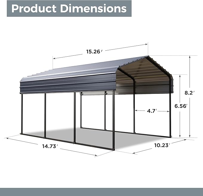 GREEN PARTY 10 x 15 ft Metal Carport Kits with Galvanized Steel Roof, Heavy Duty Metal Carport Canopy, Outdoor Car Tent Metal Garage Shelter for Car, SUV, Truck and Boats, Grey