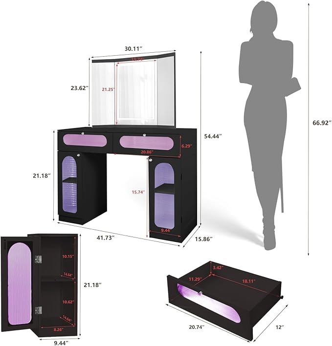 Vanity Desk with Tri-Fold Mirror and Lights, LED Makeup Vanity with 2 Drawers, 2 Doors Storage, Gifts for Girls/Women (Black)
