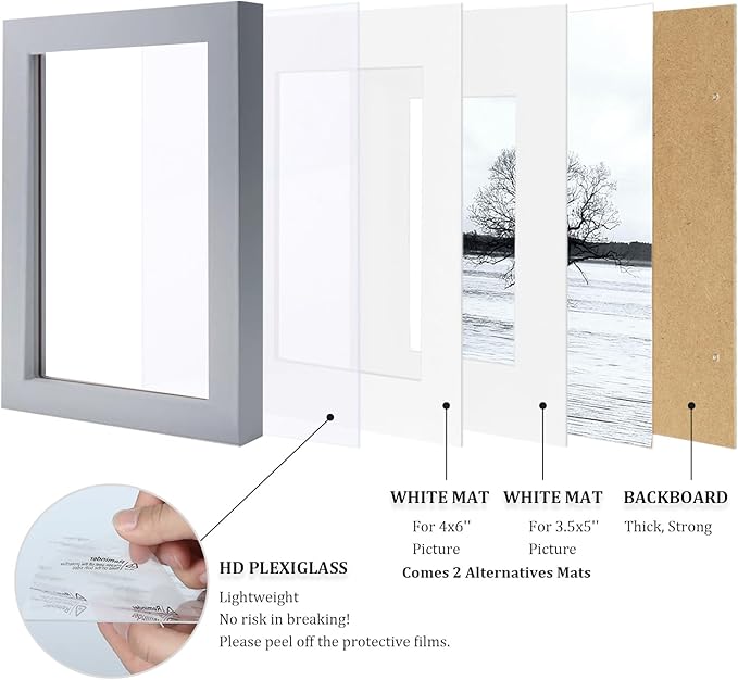 Egofine 5x7 Picture Frame Made of Solid Wood, Display Pictures 3.5x5/4x6 with Mat or 5x7 Without Mat Covered by Plexiglass for Table Top Display and Wall Mounting Photo Frame, Light Gray