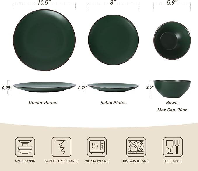Famiware Venus Ceramic Plates and Bowls Sets, Speckled Dinnerware Dish Sets for 8 (24 Pieces) - Microwave and Dishwasher Safe, Matte Dark Green
