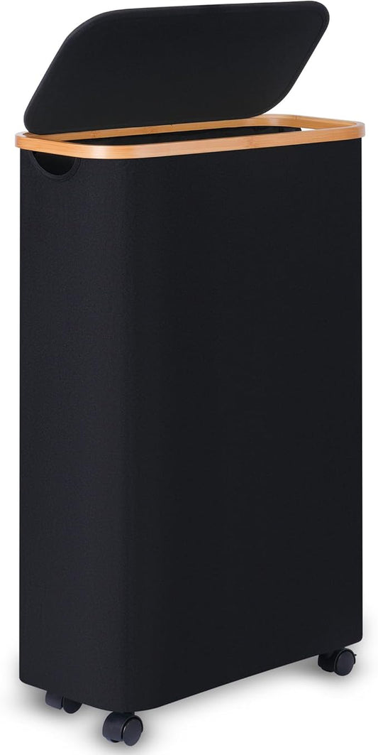 Slim Laundry Hamper with Wheels,Narrow Hampers for Laundry,Freestanding Laundry Basket with Lid&Bamboo Handles,Collapsible & Waterproof Tall Cloth Hamper for Dorm Family(60L,Black)