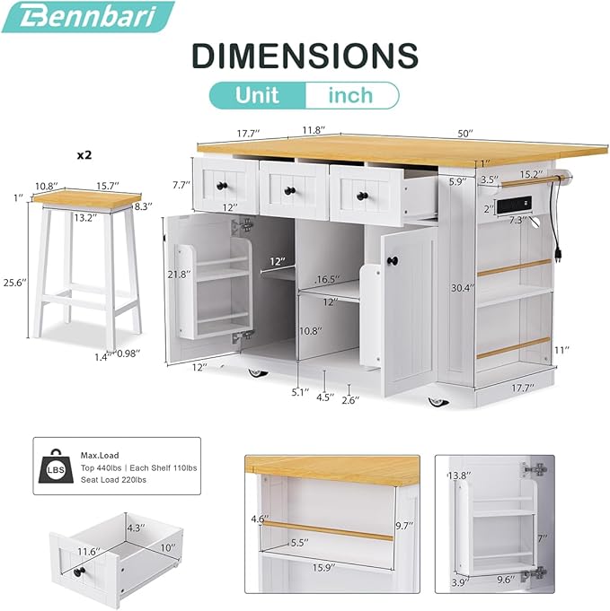 Rolling Kitchen Island with 2 Bar Stools, Kitchen Cart on Wheels with Drop Leaf, Mobile Kitchen Storage Cart with Power Outlet, 53 Inch Width (with 2 Bar Stools: White)
