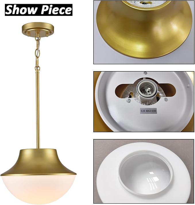 Mid Century Modern Pendant Light Fixture 11.02" Brass Gold Yellow Pendant Light Kitchen Island with Milk Glass White Bowl Shade Over Sink Bathroom Dining Room Foyer