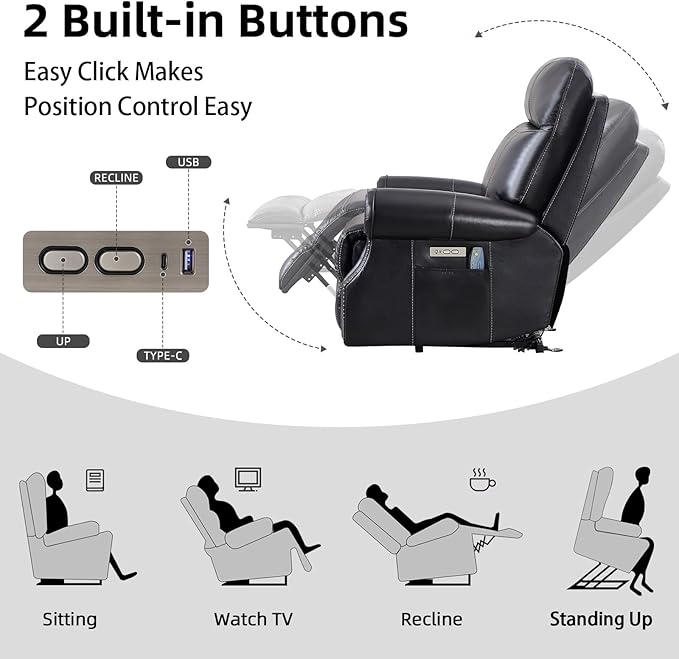 Phoenix Home Genuine Leather Power Lift Recliner Chair for Elderly with Massage and Heating, Electric Recliner for Seniors with Extended Footrest, Type-C and USB Port, Side Pocket, Black
