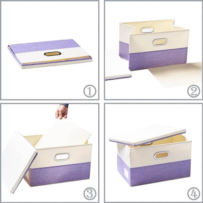 PRANDOM Large Foldable Storage Bins with Lids [3-Pack] linen Fabric Decorative Storage Boxes Organizer Containers Baskets Cube with Handles Divider for Bedroom Closet Purple&Cream(17.7x11.8x11.8)