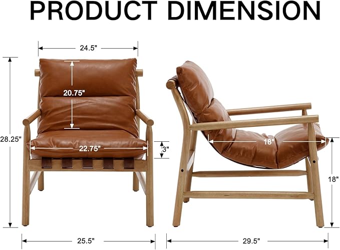 Modern Faux Leather Accent Chair, Solid Wood Lounge Chair with Removable Cushion, Low Back Reading Chair for Living Room/Bedroom/Balcony, Brown Sofa Armchair (Easy Assembly)