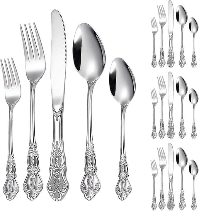20-Piece Stainless Steel Flatware Set, Silver Silverware Set Service for 4, Cutlery Utensils Set, Include Fork Knife Spoon Set, Dishwasher Safe