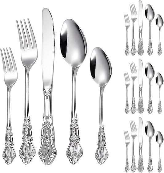 20-Piece Stainless Steel Flatware Set, Silver Silverware Set Service for 4, Cutlery Utensils Set, Include Fork Knife Spoon Set, Dishwasher Safe