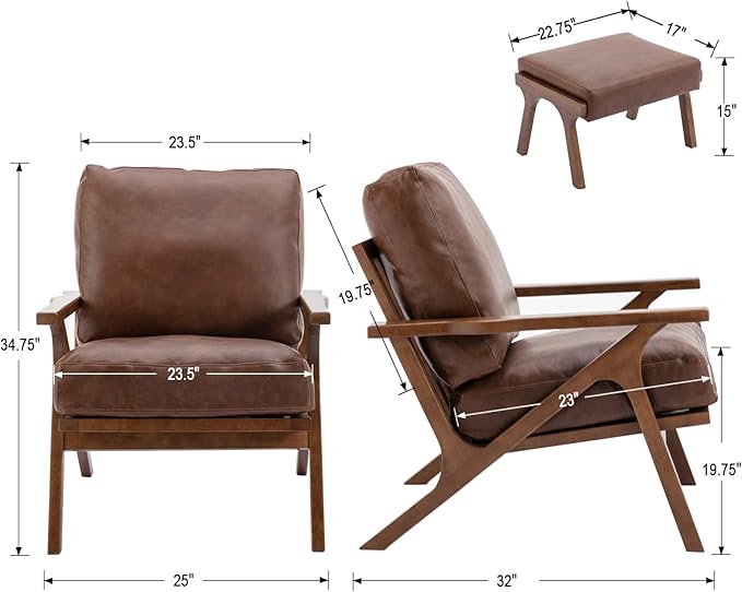 Wahson Brown Leather Accent Chair - Mid Century Modern Retro Upholstered Armchair with Wood Frame and Removable PU Cushions - Large Compfy Leisure Slipper Chair for Living Room/Bedroom (Set of 2)