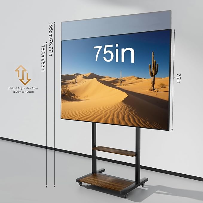 unho Rolling TV Cart Rolling TV Stand with Wheels for 40 55 65 75 85 100Inch LCD LED Flat up to 220 lbs, Max VESA800x600 mm Heavy Duty Portable Floor TV Stand Large Base Trolley Height Adjustable