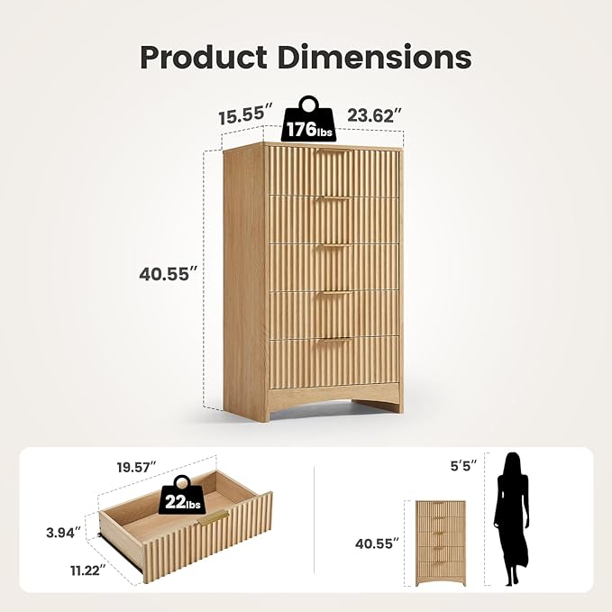 Amada Tall 5 Drawer Dresser, Modern Fluted Vertical Chest with Rounded Corners, Pre-Installed Drawer Slides & Narrow Storage Design for Bedroom or Hallway in Natural Oak