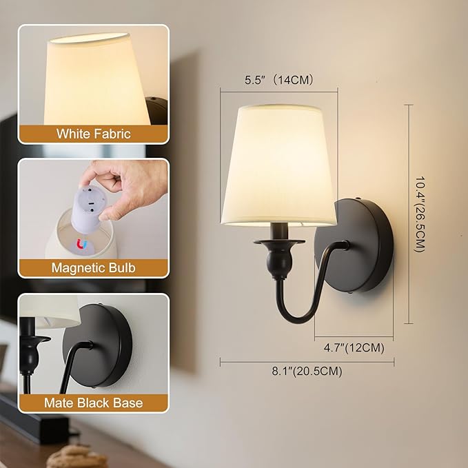 Battery Operated Wall Sconce Set of 2,Rechargeable Wall Sconce with 10000mAh Dimmable Bulb and Remote,LED 15 Colors Black Wireless Battery Powered Wall Lamp with Fabric for Bedroom Living Room
