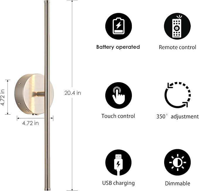 Battery Operated Wall Sconces with Remote Control, Dimmable Wall Sconces Set of Two, 350°Rotate, 3000K LED Nickel Wireless Wall Light for Living Room, Bedroom, Hallway, 20.4 Inch (2 Pack)