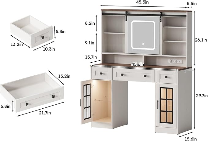 Fameill 45.5'' Farmhouse Makeup Vanity Desk with Sliding Mirror, Vanity Table with 3 Drawers and 2 Cabinets, Charging Station & LED Lights, Storage Shelves, Stool Included, Dressing Table for Bedroom