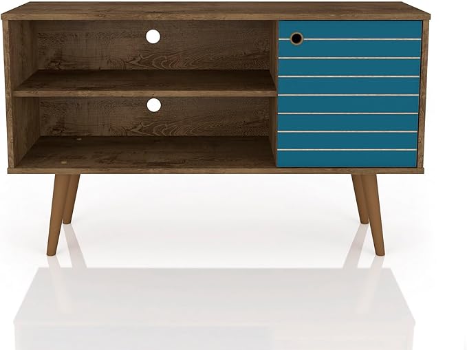 Manhattan Comfort Liberty Mid Century Modern TV Stand for Televisions up to 46 Inches, Bedroom and Living Room Entertainment Center with Storage, Shelves, and Cabinet, 43" Wide, Rustic Brown/Aqua