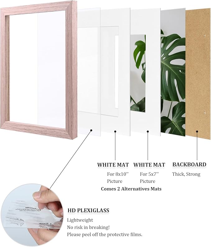 Egofine 11x14 Picture Frame Made of Solid Wood Covered by Plexiglass, Display Pictures 5x7/8x10 with Mat or 11x14 Without Mat for Table Top Display and Wall Mounting Photo Frame, Peach Pink