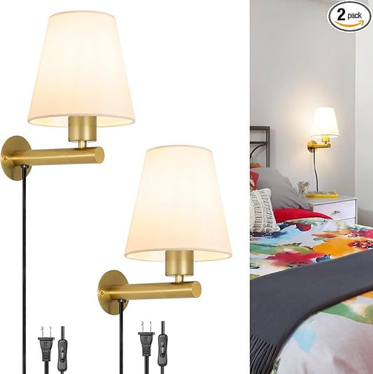 Gold Plug in Wall Sconces Set of Two, Brass Wall Sconce Lights for Bedroom Plug in, Wall Lamp with On/Off Switch Cord, Bedside Plugged Wall Mounted Light with Fabric Linen, Wall Decor for Living Room