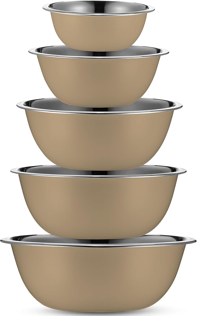 WHYSKO Meal Prep Stainless Steel Mixing Bowls Set, Home, Refrigerator, and Kitchen Food Storage Organizers | Ecofriendly, Reusable, Heavy Duty (Khaki)