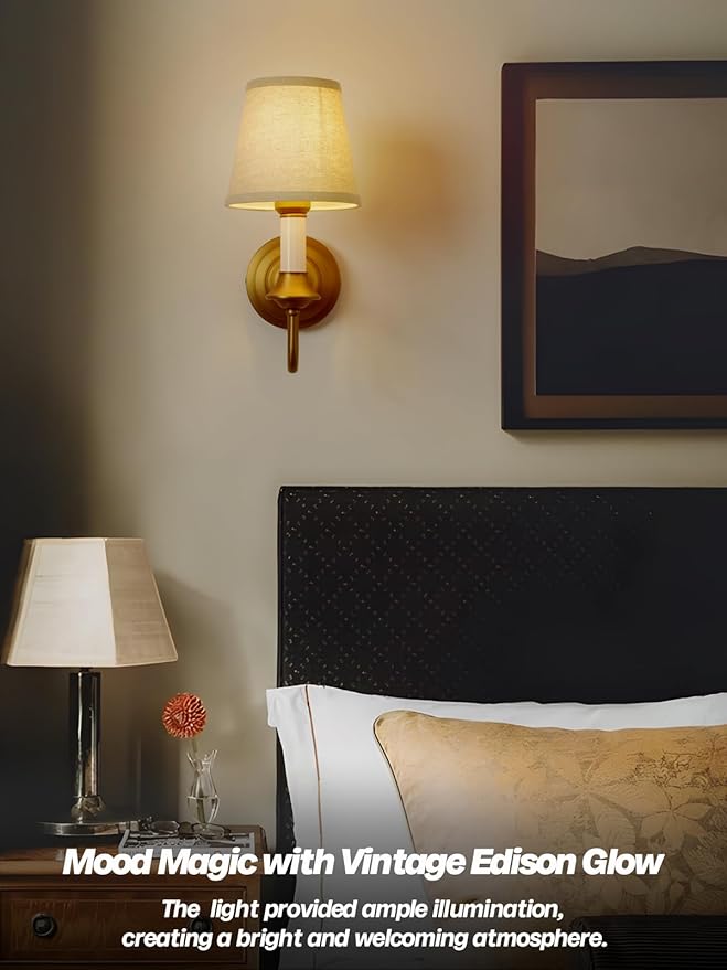 Vintage Fabric Wall Sconce Light with Curved Arm, Rustic Linen Cloth Wall Light Fixtures, Hardwired Brass Wall Mounted Lamp for Bathroom Vanity Bedroom Living Room