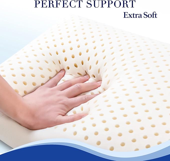 100% Natural Talalay Latex Sleeping Bed Pillow - Luxury Soft Queen Size Pillow for Side, Back, and Stomach Sleepers - Removable Breathable Cotton Cover (Standard Size)