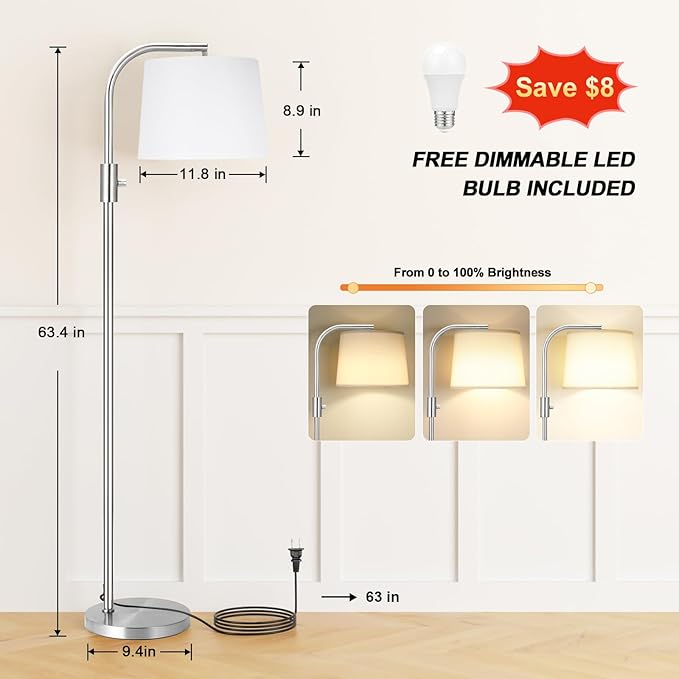 Ambimall 𝐅𝐮𝐥𝐥𝐲 𝐃𝐢𝐦𝐦𝐚𝐛𝐥𝐞 𝐅𝐥𝐨𝐨𝐫 𝐋𝐚𝐦𝐩 - Floor Lamps 9W LED Light Bulbs, Standing Lamps for Living Room, Modern Standing Light Tall Lamp (Sliver and White)