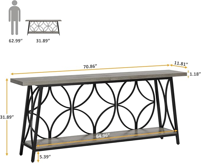 70.9-Inch Sofa Table, 2-Tier Narrow Console Table with Storage for Entryway, Living Room, Hallway, Foryer, Geometric Pattern Design (Grey)