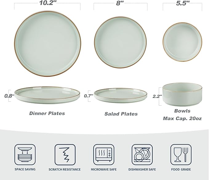 Famiware Nebula Plates and Bowls Sets for 4, 12 Pieces Stoneware Dinnerware Set, Microwave and Dishwasher Safe Dishes Set, Light Green with Brown Rim