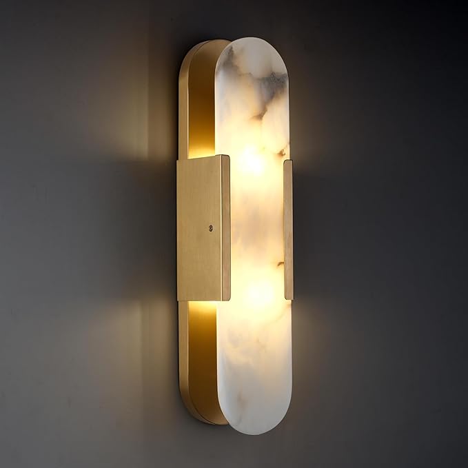 19.7 in Brass Alabaster Wall Sconces, Natural Marble Wall Sconces Indoor Alabaster Sconces for Living Room Modern Alabaster Sconces Wall Lighting for Dining Room Stairs Bedroom