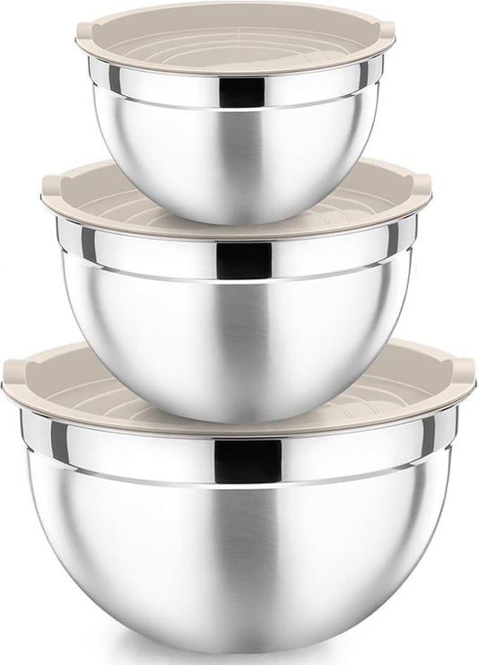 P&P CHEF Khaki Mixing Bowls with Lids, Set of 3, Stainless Steel Salad Nesting Bowl for Mixing, Storing, Prepping, Airtight & Stackable, Size 4.6/3 /1.5 QT