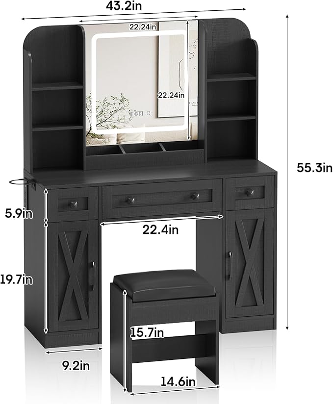 Vabches Black Vanity Desk, Vanity Mirror with Lights, Makeup Desk with Stool, Makeup Table with Large Storage Drawers and Shelves, Time and Temperature Display, 3 Led Lighting Modes Adjustable
