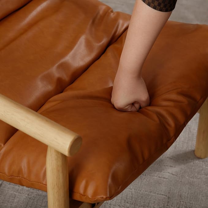 Modern Faux Leather Accent Chair, Solid Wood Lounge Chair with Removable Cushion, Low Back Reading Chair for Living Room/Bedroom/Balcony, Brown Sofa Armchair (Easy Assembly)