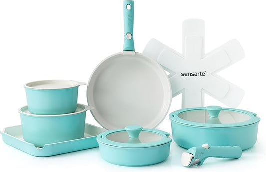 SENSARTE 17 Piece Ceramic Pots and Pans Set, Nonstick Detachable Handle Cookware, Induction Kitchen Cookware Set with Removable Handle, Dishwasher ＆ Oven Safe (Turquoise)