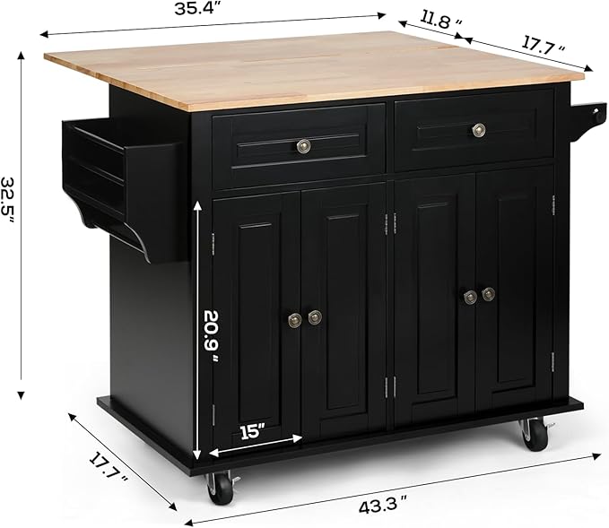 VOWNER 43" W Kitchen Island with Drop Leaf, Rolling Kitchen Island with Drawers, Portable Island Kitchen with Storage, Floating Kitchen Cart with Spice Rack & Towel Rack, Isla para Cocina (Black)