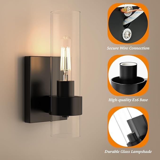 Zevluck 1-Light Wall Sconce, Matte Black Bathroom Vanity Light with Cylinder Clear Glass, Modern Hardwired Vanity Wall Lamps for Bathroom, Bedroom, Living Room, Stairs, Hallway