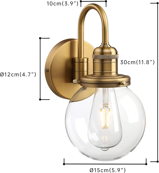 Industrial Vintage Gooseneck Wall Sconce 1-Light with 5.9” Round Clear Glass Globe Shade Indoor Wall Mounted Lamp Fixture