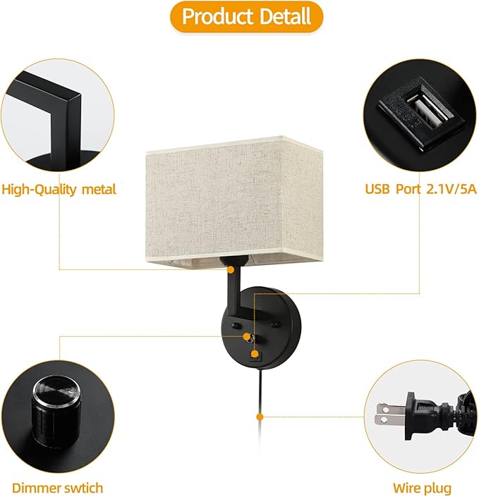 Plug in Wall Sconce with Dimmer Switch and USB Port，9.5“Rectangular Linen Fabric Shade，Bedside Wall Lamp Matte Black Finish，Wall Lamp Perfect for Bedroom, Living Room and Hotel. E26 Base
