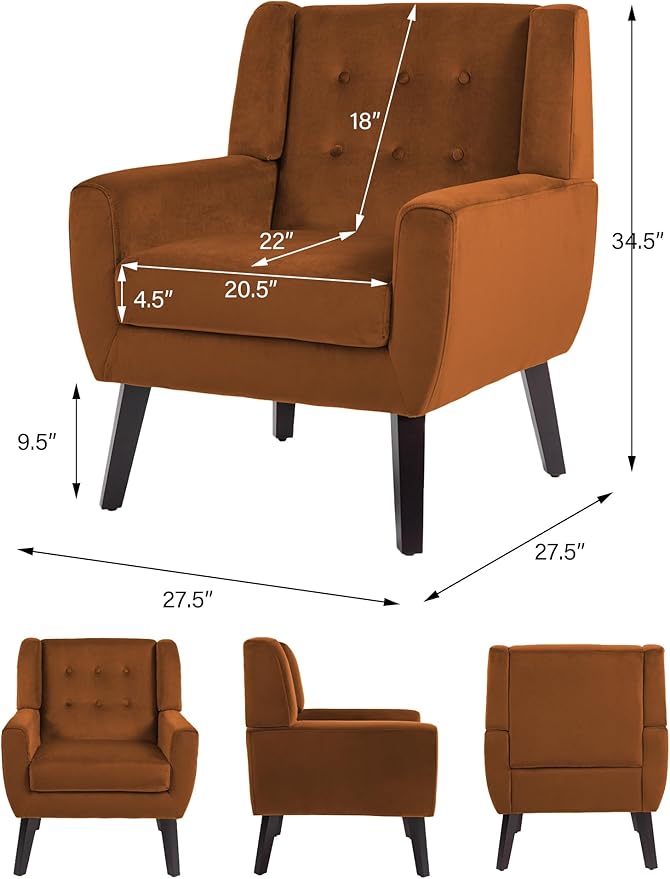 Accent Chair, Modern Velvet Arm Chair for Living Room, Bedroom, Comfy High-Resilient Sponge Reading Chair for Small Spaces （Velvet Orange, Set of 2