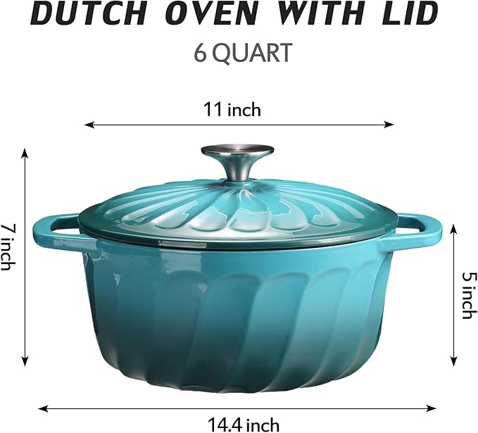 Enameled Cast Iron Dutch Oven with Lid, 6 QT Cast Iron Dutch Oven Pot, Dual Handles for Bread Baking, Cook, Bake, Oven Safe across All Cooktops (BlueGreen, 6 QT)