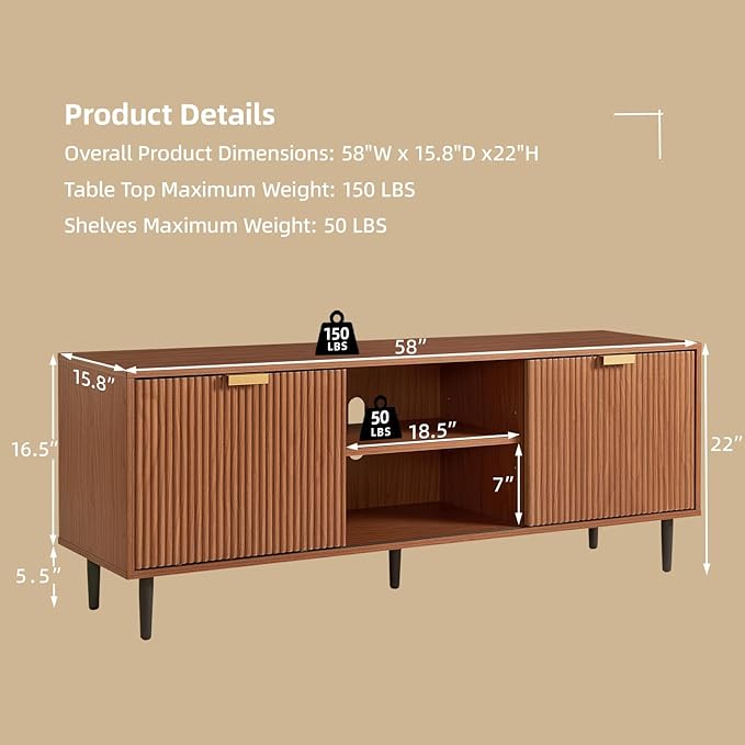 Okvnbjk Modern TV Stand, Fluted TV Consoles for Living Room 65+ Inch TV, Entertainment Stand with Storage & Sliding Doors, Media Console with Adjustable Shelf, Mocha