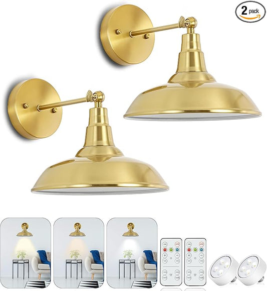 Gold Vintage Battery Powered Wall Sconce Decor Set of 2, Wireless Vintage Wall Sconce with Remote Control, Dimmable LED Wall Light for Bedroom, Hallway, Farmhouse Indoor Wall Sconce