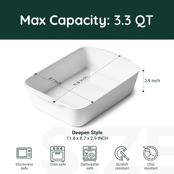 3.3 QT Ceramic Baking Dish, White Casserole Dish，Lasagna Pan for Oven, Bakeware for Baking, Kitchen Decor, Microwave Oven Safe, Dinner Party（8.7" x 11.8"）