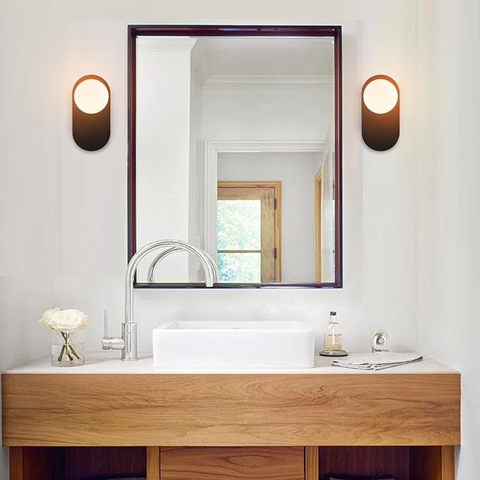Modern Wall Sconce Set of 2 Matte Black Mid Century Bathroom Vanity Wall Light with White Globe Glass Shade Industrial Wall Lamp Pole Wall Mount Lighting Fixture