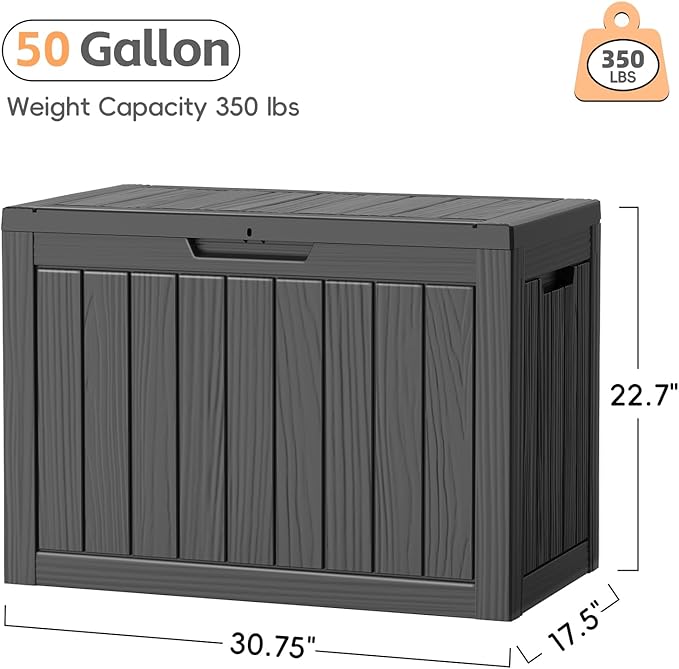 Outdoor Storage Box, 50 Gallon Waterproof Resin Deck Box, Storage Bin for Package Delivery, Patio Furniture Cushion, Garden Tools, Pool Accessories, Weatherproof and UV Resistant