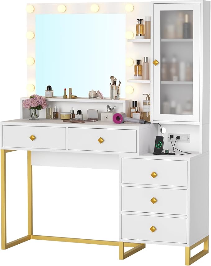 Tiptiper Large Makeup Vanity with Lights, Vanity Table with Charging Station Vanity Desk with Mirror and 10 LED Light Bulbs, Makeup Table with 5 Drawers, Nightstand and Storage Shelves, White & Gold