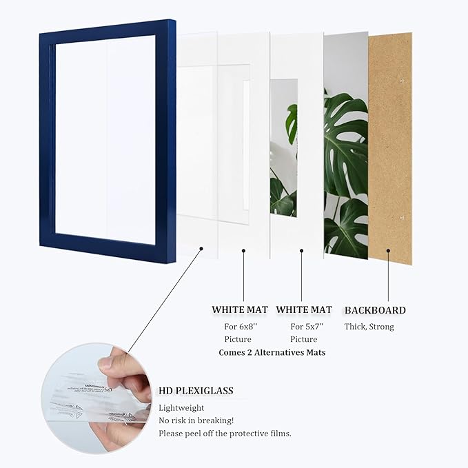 Egofine 9x12 Picture Frame Made of Solid Wood Covered by Plexiglass, Wood Frame for Pictures 5x7/6x8 with Mat or 9x12 without Mat, Tabletop and Wall Mounting Display, Navy Blue
