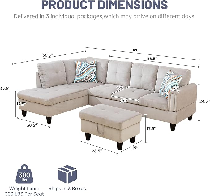 L-Shape 3-Piece Cloud Sofa, Couch for Living Room, Grey White Corduroy Fabric L-Shape with Reversible Chaise & Storage Ottoman, Ergonomic 110–115° Recline, Solid-Wood Frame