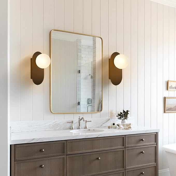 Modern Wall Sconce Set of 2 Matte Black Mid Century Bathroom Vanity Wall Light with White Globe Glass Shade Industrial Wall Lamp Pole Wall Mount Lighting Fixture