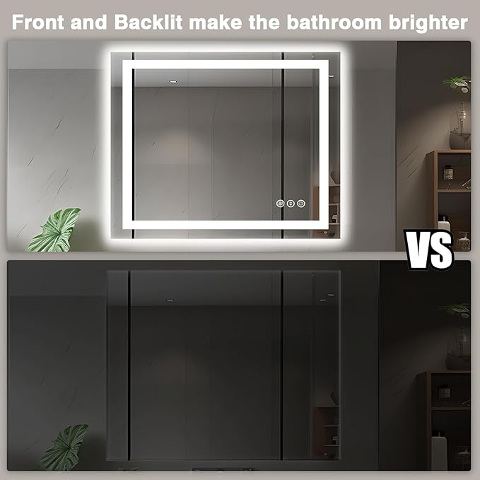 40"x36" LED Bathroom Vanity Mirrors with Front Light and Backlit, Anti-Fog Vanity Mirror with Lights, Stepless Dimmable Lighted Mirror, 3 Colors Smart Mirror (Horizontal/Vertical)