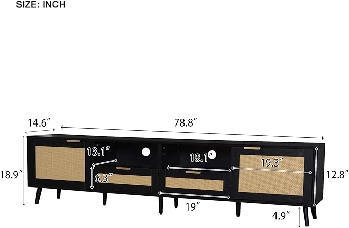 Rattan TV Stand for TVs up to 85'', Boho Entertainment Center with 2 Doors & 2 Drawers, Solid Wood Feet, Vintage Console Table for Living Room